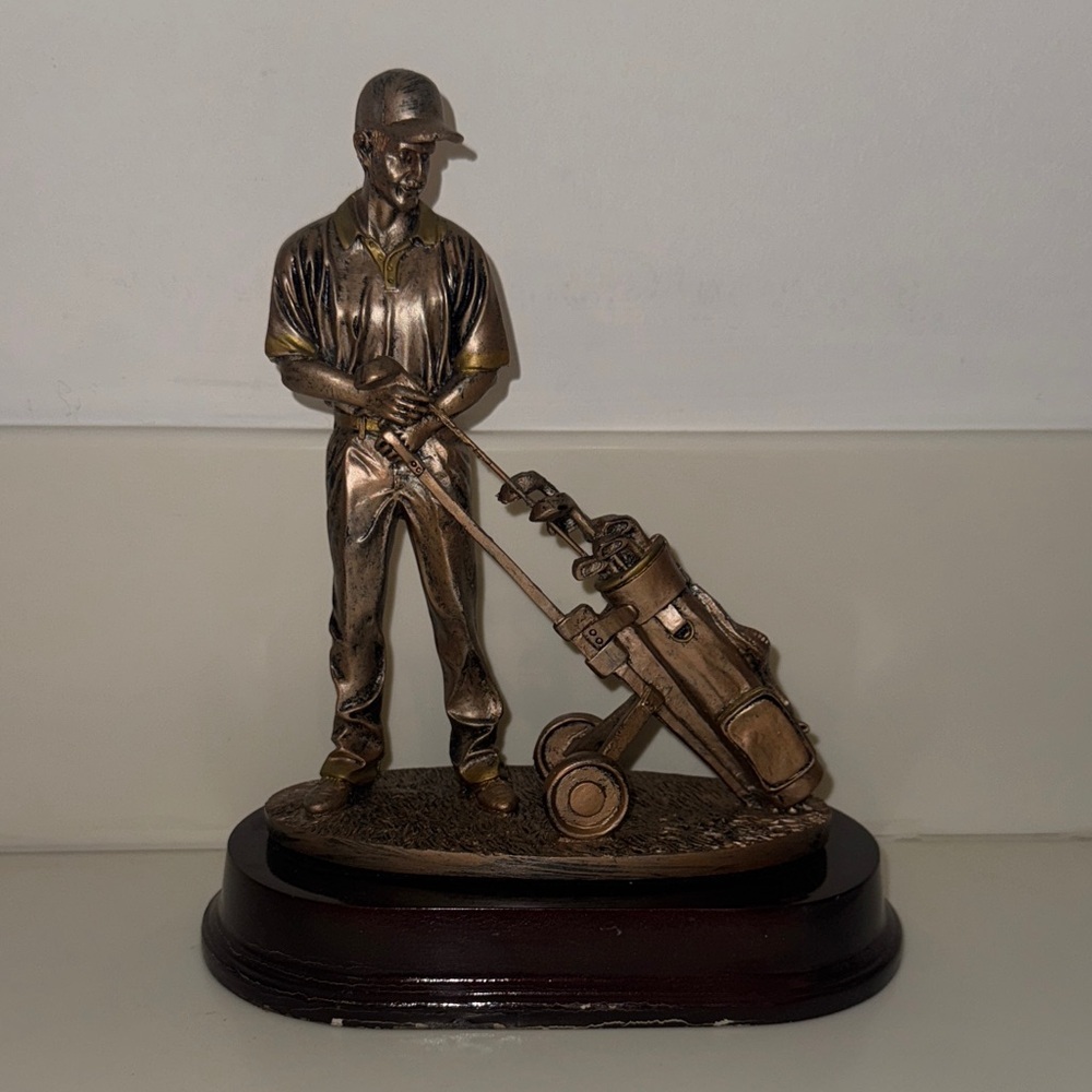 Bronze Golfer and Golf Bag Sculpture Trophy on Dark Wood Base